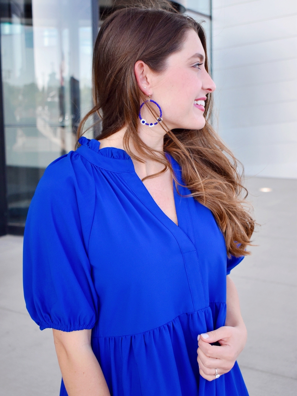 New Women's Jodifl Royal Blue Puff Sleeve Tiered Dress Size Large - Picture 7 of 7